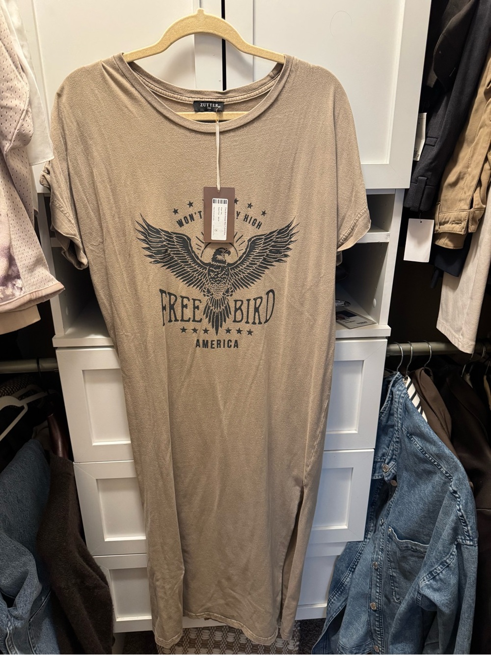 freebird Taupe Graphic Eagle Tee Dress